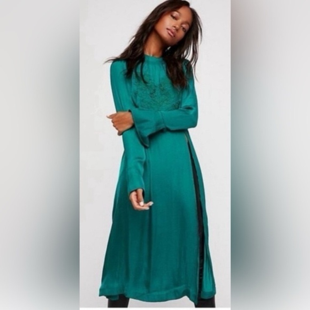 Free People New Day satin tunic dress teal Medium